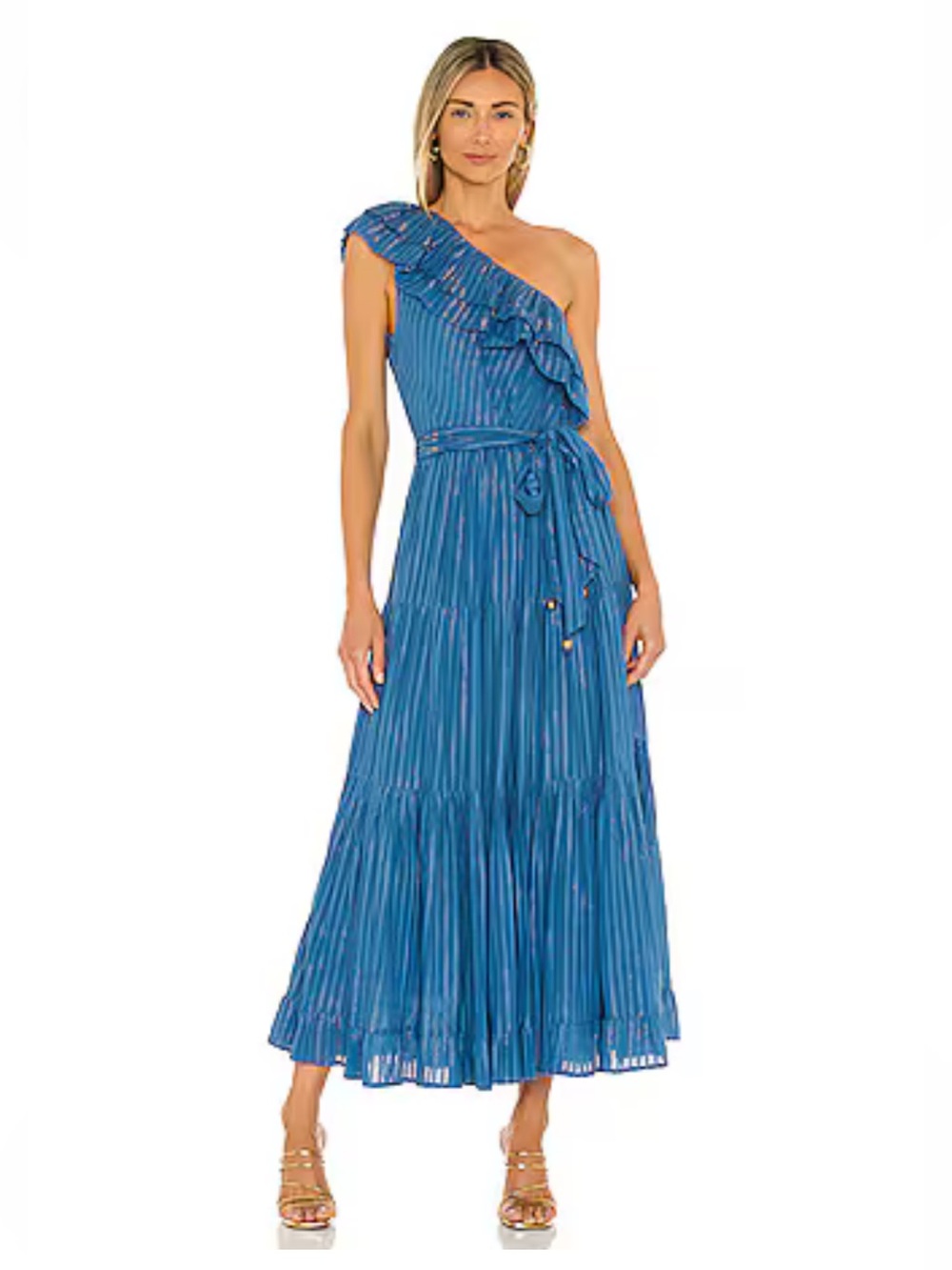 Karina Grimaldi Blue One-Shoulder Ruffle Tiered Maxi Dress